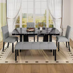 MAYEERTY 6-Piece Modern Dining Set, 63 Faux Marble Table, 4 Chairs & Bench