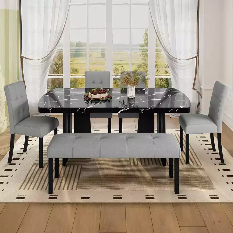 MAYEERTY 6-Piece Modern Dining Set, 63 Faux Marble Table, 4 Chairs & Bench