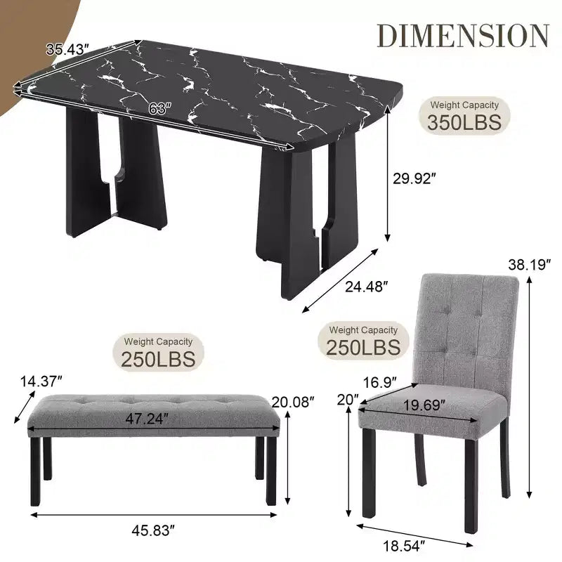 MAYEERTY 6-Piece Modern Dining Set, 63 Faux Marble Table, 4 Chairs & Bench