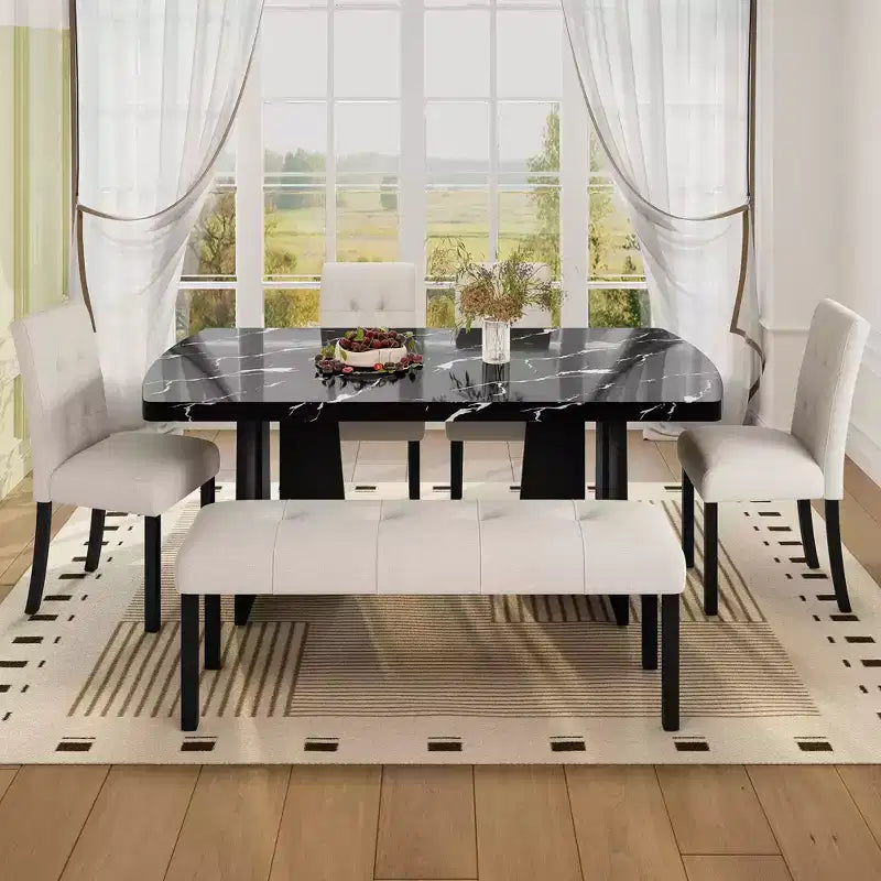 MAYEERTY 6-Piece Modern Dining Set, 63 Faux Marble Table, 4 Chairs & Bench