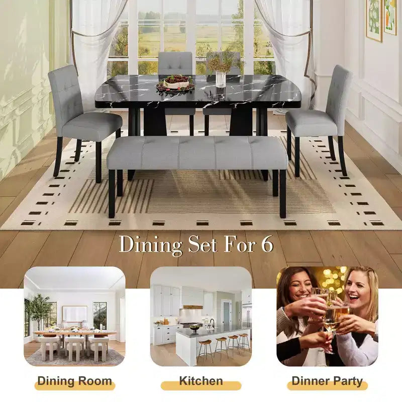 MAYEERTY 6-Piece Modern Dining Set, 63 Faux Marble Table, 4 Chairs & Bench