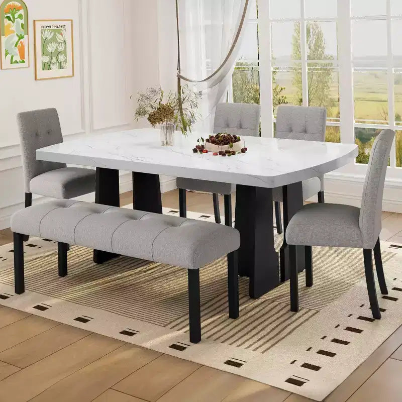 MAYEERTY 6-Piece Modern Dining Set, 63 Faux Marble Table, 4 Chairs & Bench