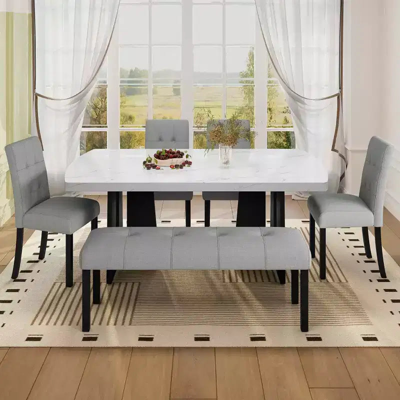 MAYEERTY 6-Piece Modern Dining Set, 63 Faux Marble Table, 4 Chairs & Bench