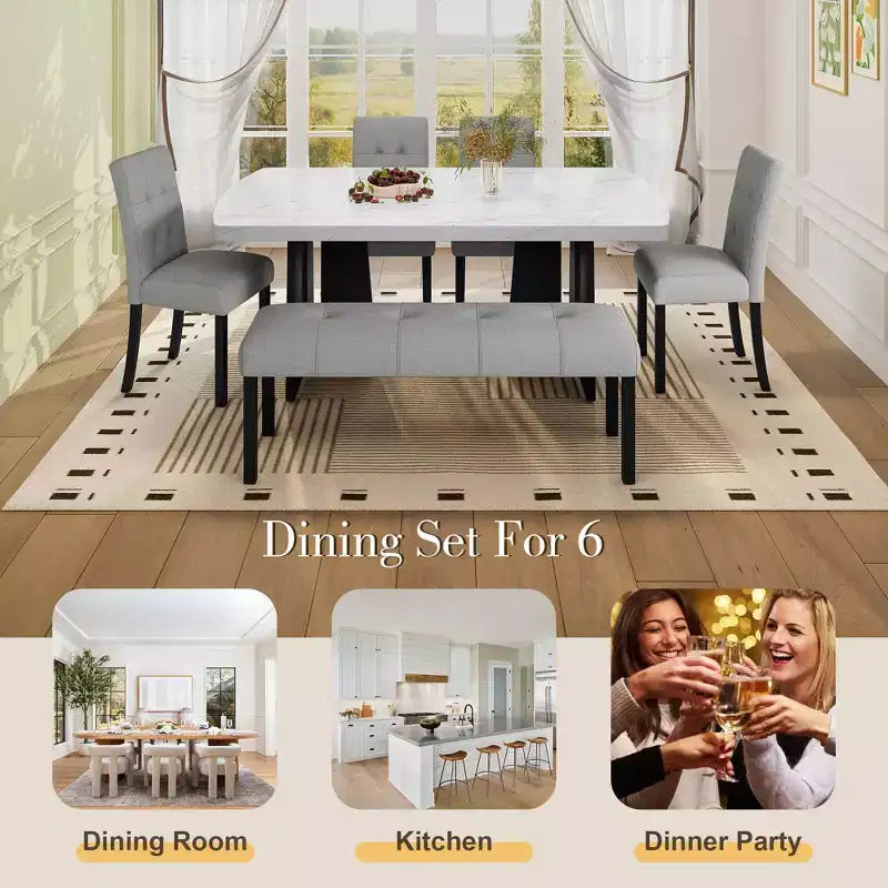MAYEERTY 6-Piece Modern Dining Set, 63 Faux Marble Table, 4 Chairs & Bench