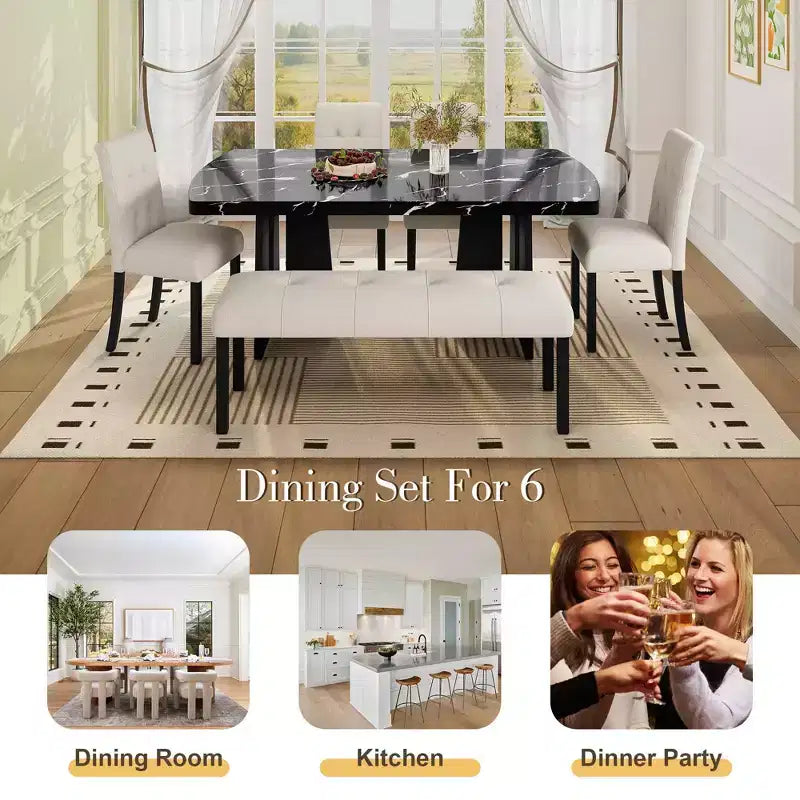 MAYEERTY 6-Piece Modern Dining Set, 63 Faux Marble Table, 4 Chairs & Bench