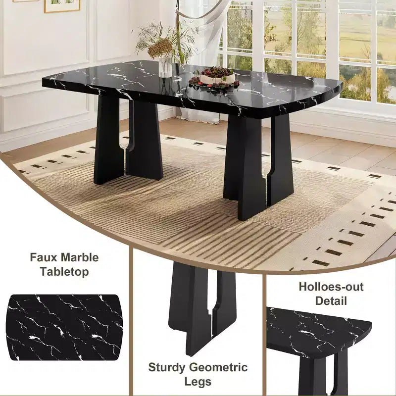 MAYEERTY 6-Piece Modern Dining Set, 63 Faux Marble Table, 4 Chairs & Bench