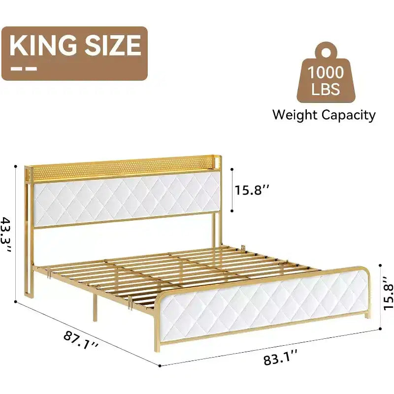 Cadre de lit King Size avec station de recharge, tête de lit et pied de lit rembourrés, cadre de lit plateforme King avec tête de lit de rangement, support à lattes métalliques, beige