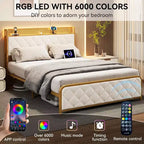 Cadre de lit King Size avec station de recharge, tête de lit et pied de lit rembourrés, cadre de lit plateforme King avec tête de lit de rangement, support à lattes métalliques, beige
