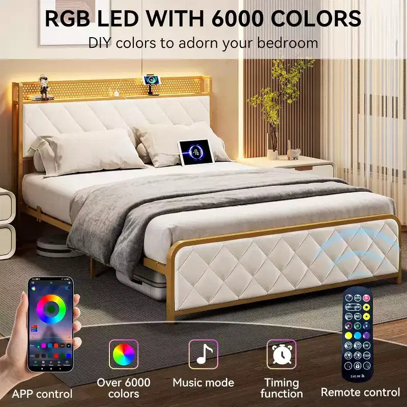 Cadre de lit King Size avec station de recharge, tête de lit et pied de lit rembourrés, cadre de lit plateforme King avec tête de lit de rangement, support à lattes métalliques, beige