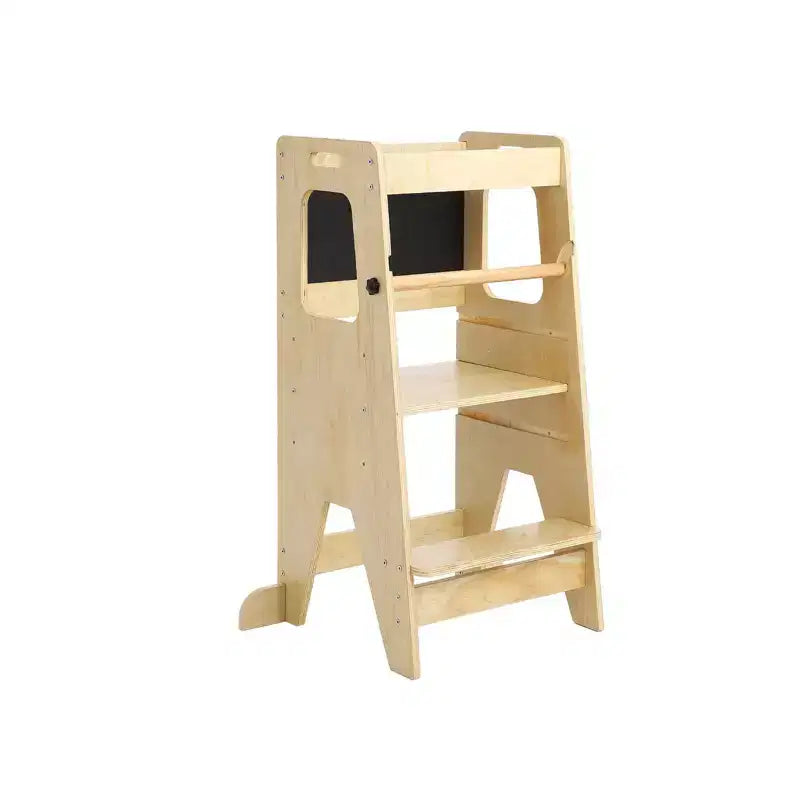 Wooden Kids Kitchen Step Stool with Blackboard & Safety Rails | Adjustable Montessori Learning Helper for Toddlers, Bathroom & Kitchen Use, Natural