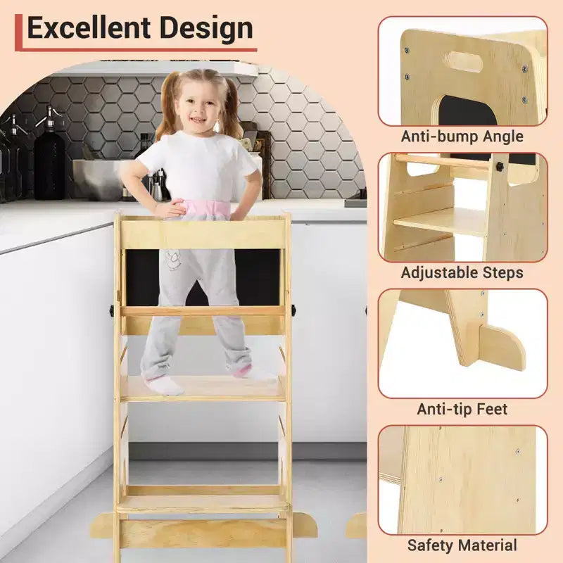 Tabouret de cuisine en bois pour enfants avec tableau noir et barrières de sécurité | Aide à l'apprentissage Montessori réglable pour tout-petits, utilisation salle de bain et cuisine, naturel