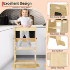 Tabouret de cuisine en bois pour enfants avec tableau noir et barrières de sécurité | Aide à l'apprentissage Montessori réglable pour tout-petits, utilisation salle de bain et cuisine, naturel