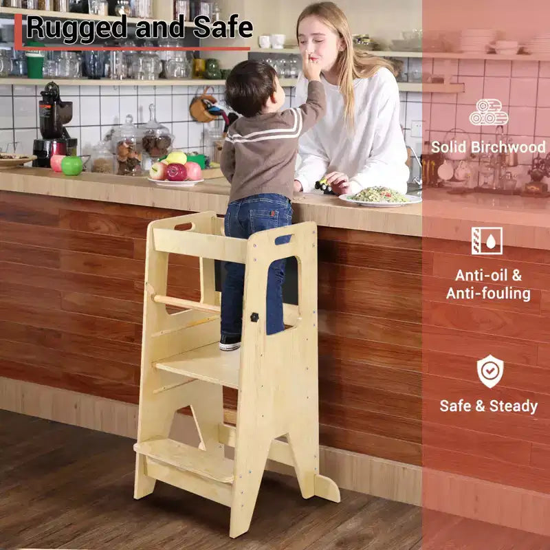 Tabouret de cuisine en bois pour enfants avec tableau noir et barrières de sécurité | Aide à l'apprentissage Montessori réglable pour tout-petits, utilisation salle de bain et cuisine, naturel