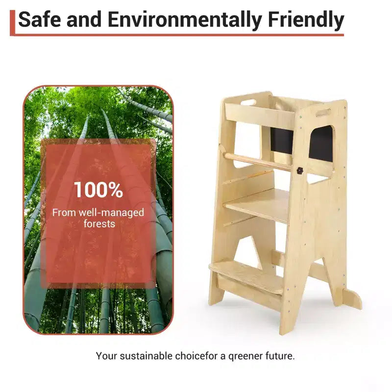 Tabouret de cuisine en bois pour enfants avec tableau noir et barrières de sécurité | Aide à l'apprentissage Montessori réglable pour tout-petits, utilisation salle de bain et cuisine, naturel
