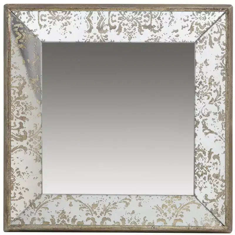 24 x 24 Inch Antique Silver Square Wall Mirror with Floral Accents