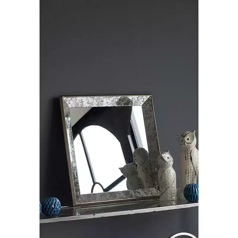 24 x 24 Inch Antique Silver Square Wall Mirror with Floral Accents
