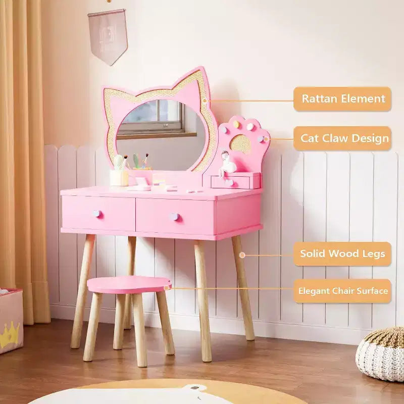 JOYMOR Coiffeuse Enfant avec Adorable Miroir Chat, 7 Pièces Maquillage de Jeu et Table de Princesse