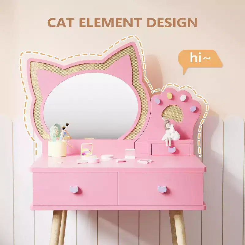 JOYMOR Coiffeuse Enfant avec Adorable Miroir Chat, 7 Pièces Maquillage de Jeu et Table de Princesse