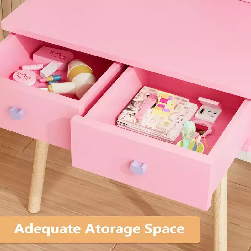 JOYMOR Coiffeuse Enfant avec Adorable Miroir Chat, 7 Pièces Maquillage de Jeu et Table de Princesse