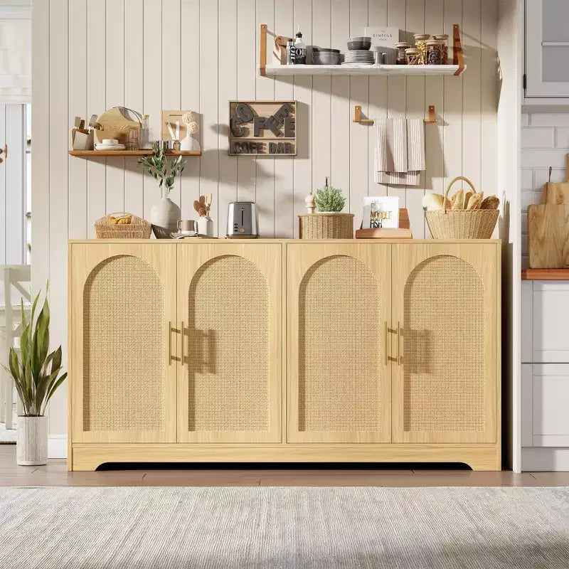 59 Rattan Sideboard Buffet Cabinet - Large Storage Cabinet with 4 Doors, Console Table Accent Coffee Bar Cabinet for Living Room, Kitchen,Dining Room