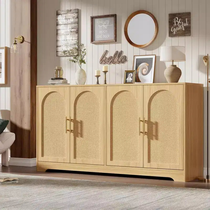 59 Rattan Sideboard Buffet Cabinet - Large Storage Cabinet with 4 Doors, Console Table Accent Coffee Bar Cabinet for Living Room, Kitchen,Dining Room