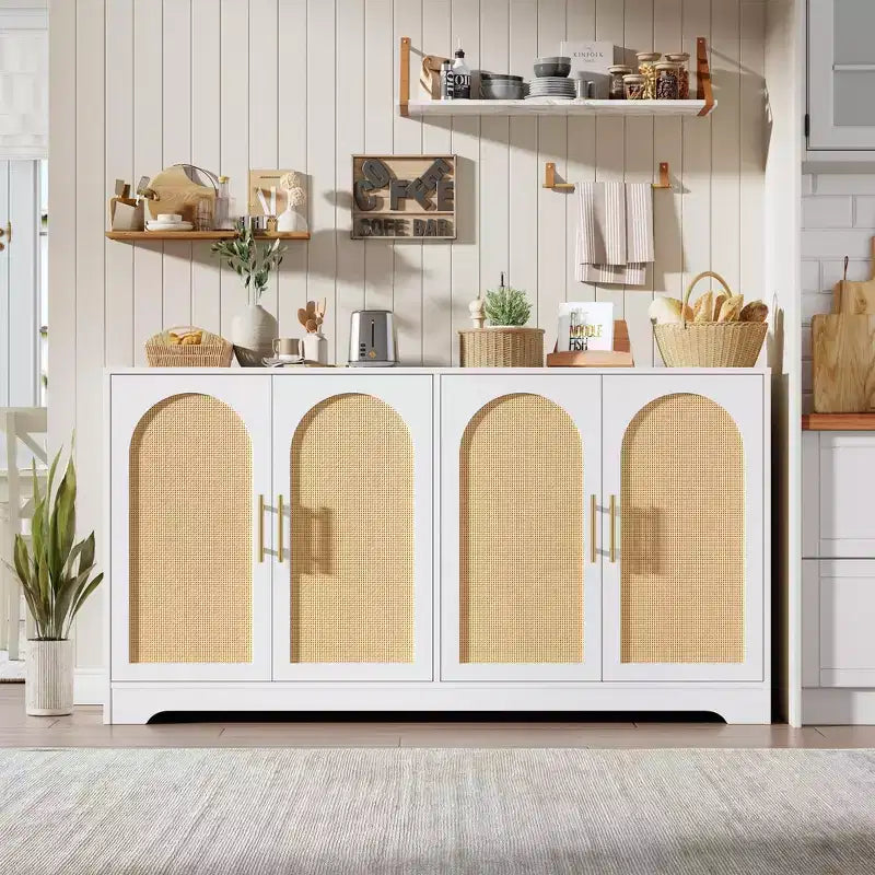 59 Rattan Sideboard Buffet Cabinet - Large Storage Cabinet with 4 Doors, Console Table Accent Coffee Bar Cabinet for Living Room, Kitchen,Dining Room