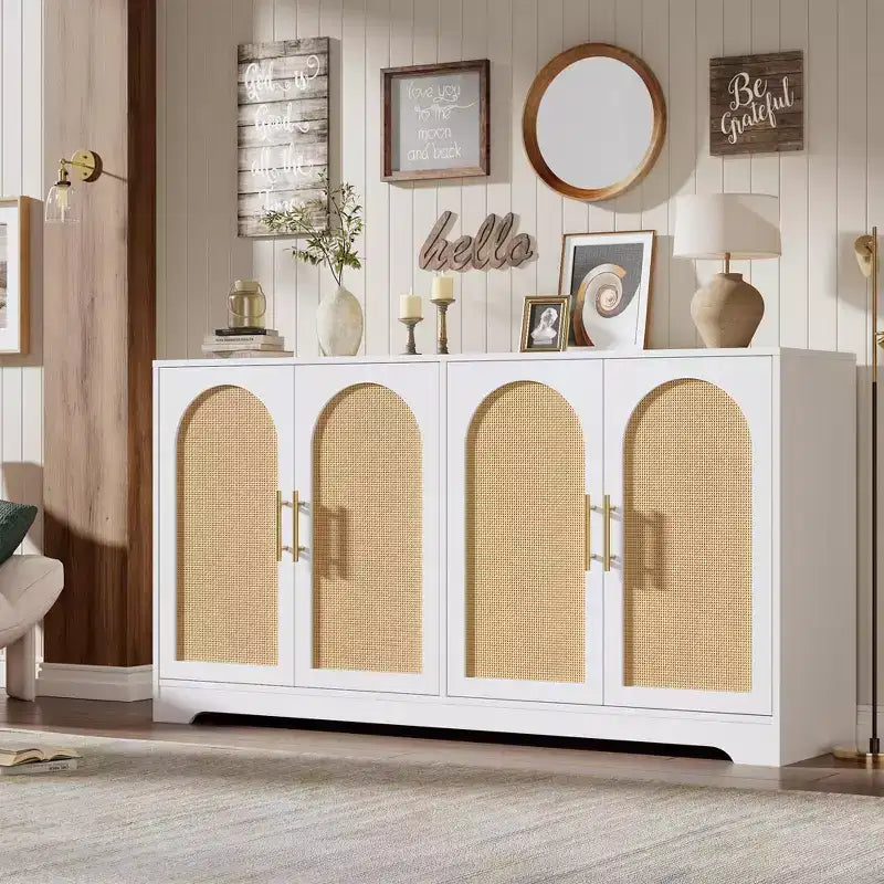 59 Rattan Sideboard Buffet Cabinet - Large Storage Cabinet with 4 Doors, Console Table Accent Coffee Bar Cabinet for Living Room, Kitchen,Dining Room