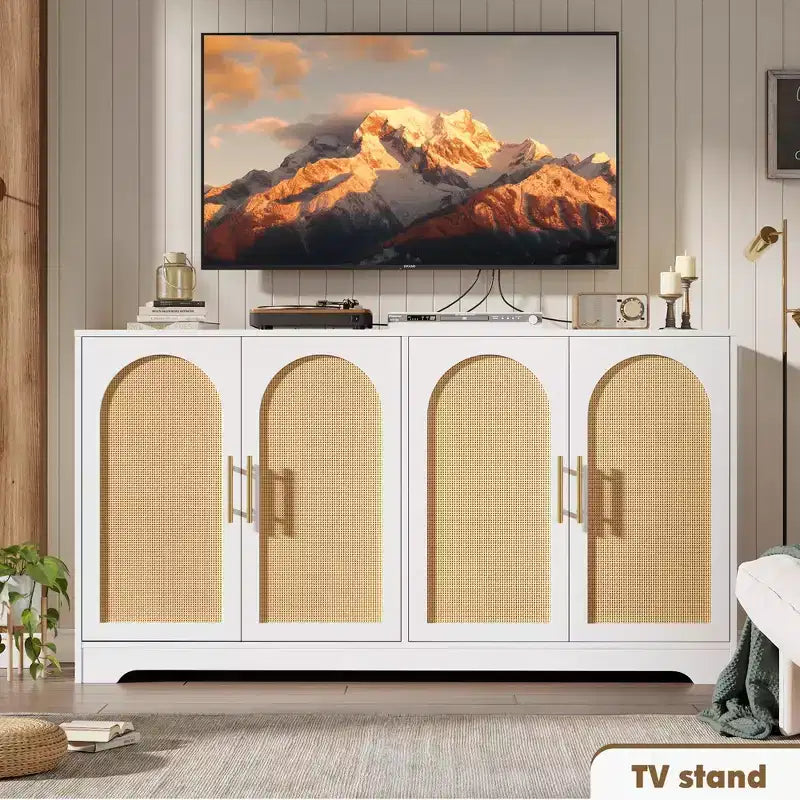 59 Rattan Sideboard Buffet Cabinet - Large Storage Cabinet with 4 Doors, Console Table Accent Coffee Bar Cabinet for Living Room, Kitchen,Dining Room