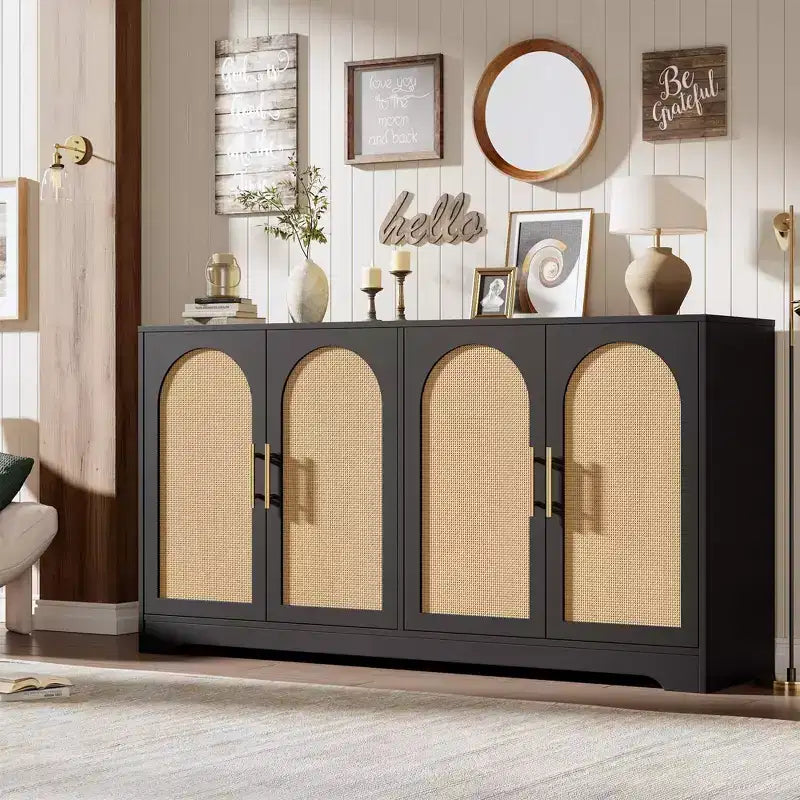 59 Rattan Sideboard Buffet Cabinet - Large Storage Cabinet with 4 Doors, Console Table Accent Coffee Bar Cabinet for Living Room, Kitchen,Dining Room