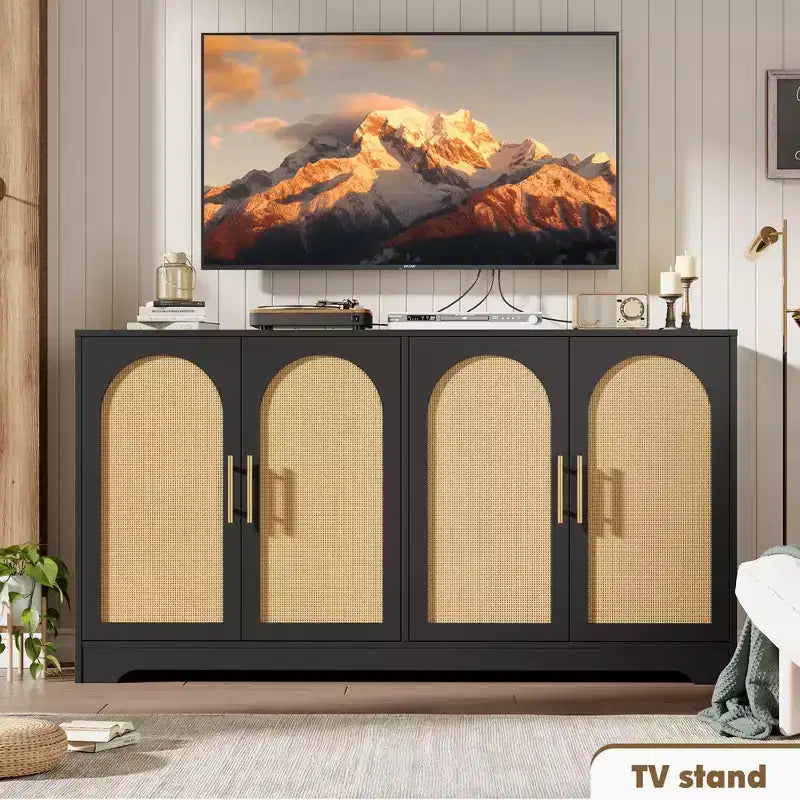 59 Rattan Sideboard Buffet Cabinet - Large Storage Cabinet with 4 Doors, Console Table Accent Coffee Bar Cabinet for Living Room, Kitchen,Dining Room