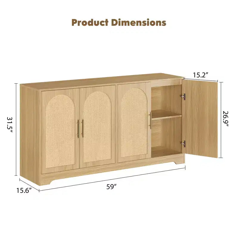 59 Rattan Sideboard Buffet Cabinet - Large Storage Cabinet with 4 Doors, Console Table Accent Coffee Bar Cabinet for Living Room, Kitchen,Dining Room