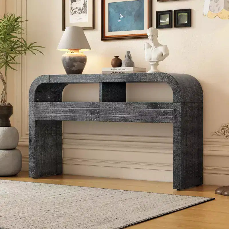 Clihome Console Table Entryway Table, Retro Curved Sofa Table with 2 Large Drawers, Narrow Console Table for Living Room Hallway Entrance