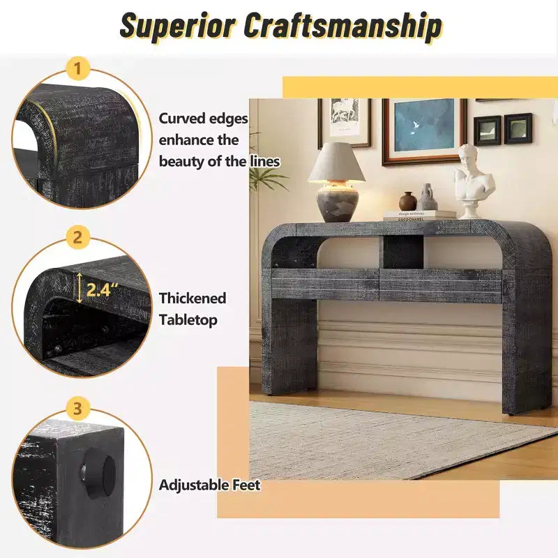 Clihome Console Table Entryway Table, Retro Curved Sofa Table with 2 Large Drawers, Narrow Console Table for Living Room Hallway Entrance