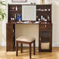 GDFStudio Cadi Modern Dressing Table Set with 3-Color LED Light Sliding Mirror and Faux Leather Stool