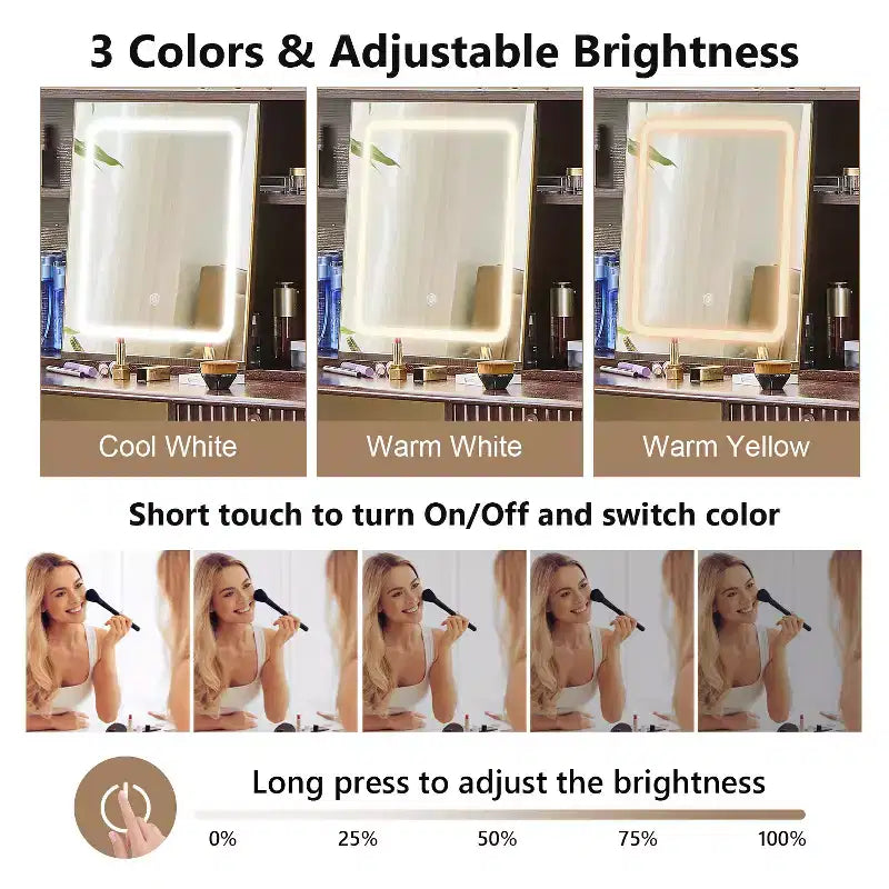 Coiffeuse Moderne GDFStudio Cadi avec Miroir Coulissant à Lumière LED 3 Couleurs et Tabouret en Similicuir