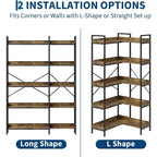 5 Tier Corner Bookshelf with 4 Hooks, Wooden Bookcase with Open Storage Shelves and Metal Frame, Freestanding Storage Organizer for Home Office