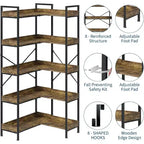 5 Tier Corner Bookshelf with 4 Hooks, Wooden Bookcase with Open Storage Shelves and Metal Frame, Freestanding Storage Organizer for Home Office