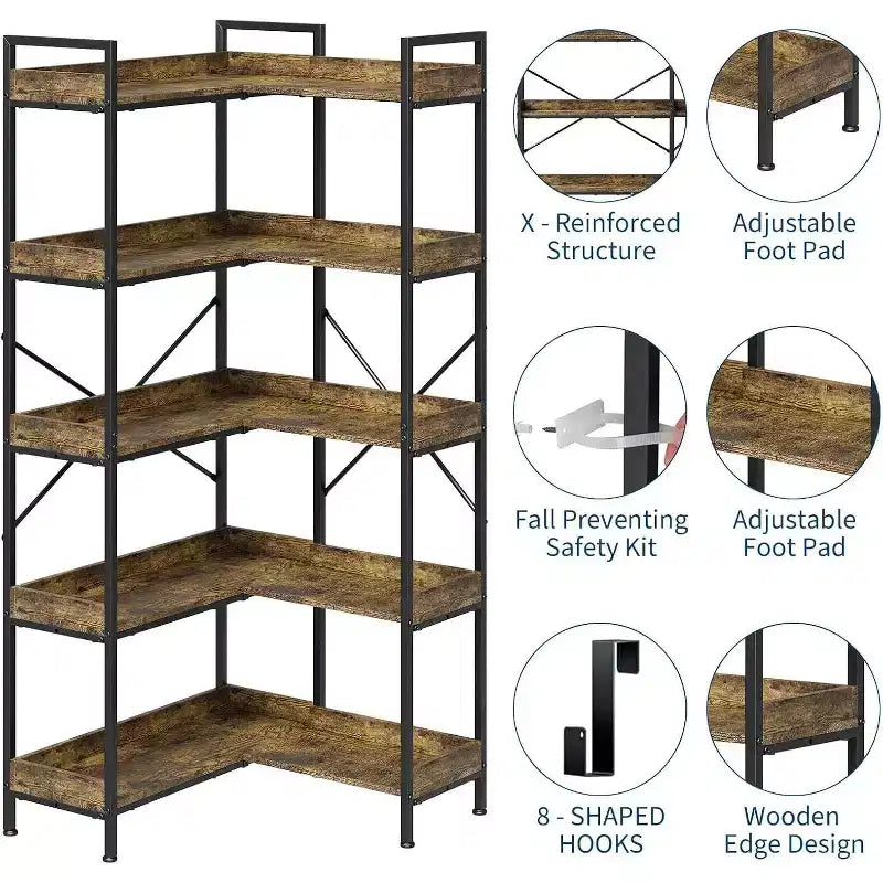 5 Tier Corner Bookshelf with 4 Hooks, Wooden Bookcase with Open Storage Shelves and Metal Frame, Freestanding Storage Organizer for Home Office
