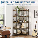 5 Tier Corner Bookshelf with 4 Hooks, Wooden Bookcase with Open Storage Shelves and Metal Frame, Freestanding Storage Organizer for Home Office