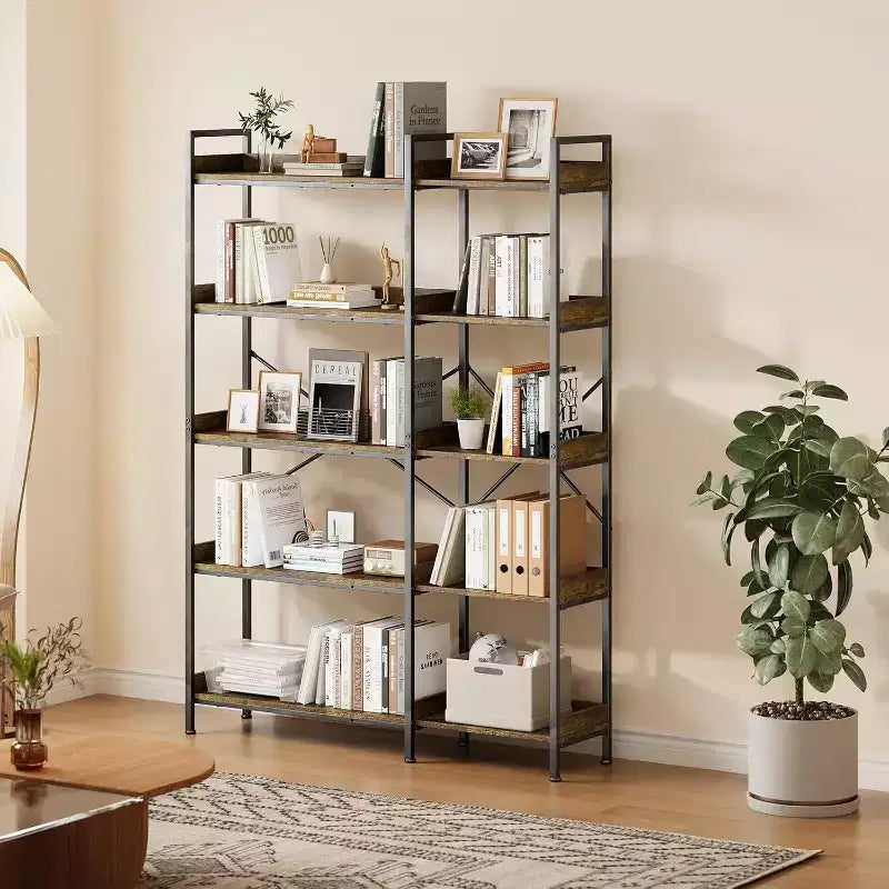 5 Tier Corner Bookshelf with 4 Hooks, Wooden Bookcase with Open Storage Shelves and Metal Frame, Freestanding Storage Organizer for Home Office
