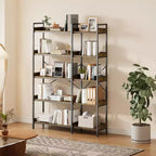 5 Tier Corner Bookshelf with 4 Hooks, Wooden Bookcase with Open Storage Shelves and Metal Frame, Freestanding Storage Organizer for Home Office