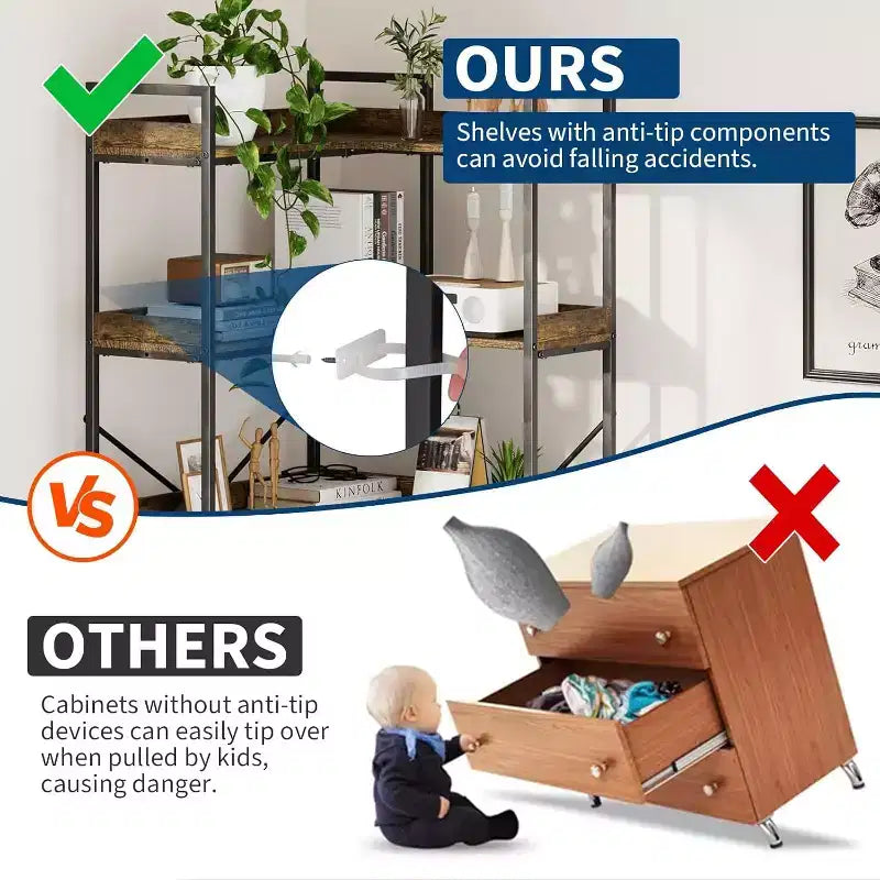 5 Tier Corner Bookshelf with 4 Hooks, Wooden Bookcase with Open Storage Shelves and Metal Frame, Freestanding Storage Organizer for Home Office