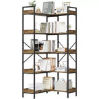 5 Tier Corner Bookshelf with 4 Hooks, Wooden Bookcase with Open Storage Shelves and Metal Frame, Freestanding Storage Organizer for Home Office