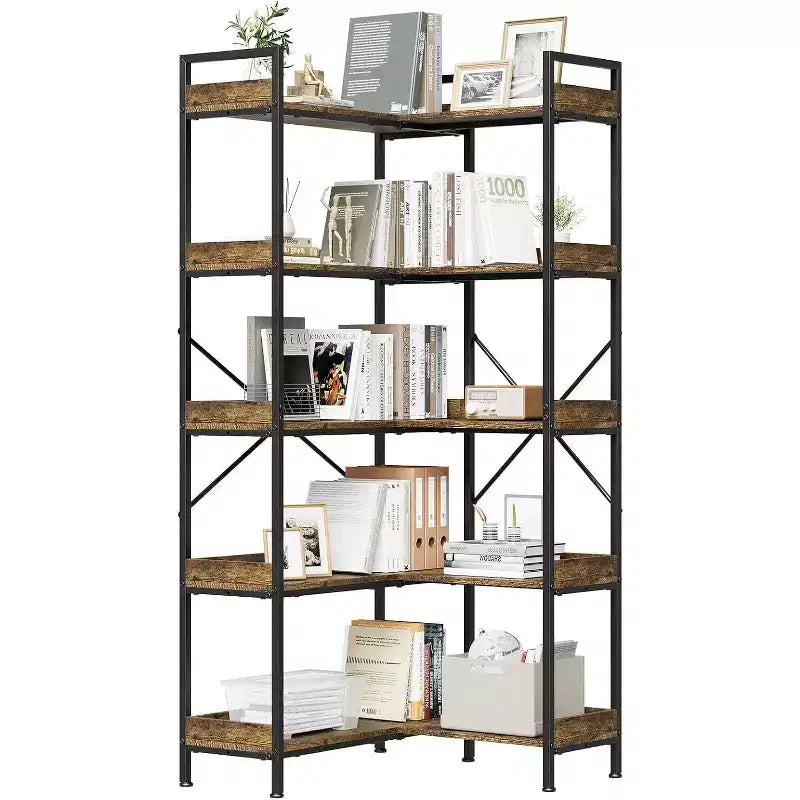 5 Tier Corner Bookshelf with 4 Hooks, Wooden Bookcase with Open Storage Shelves and Metal Frame, Freestanding Storage Organizer for Home Office