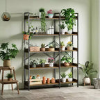 5 Tier Corner Bookshelf with 4 Hooks, Wooden Bookcase with Open Storage Shelves and Metal Frame, Freestanding Storage Organizer for Home Office