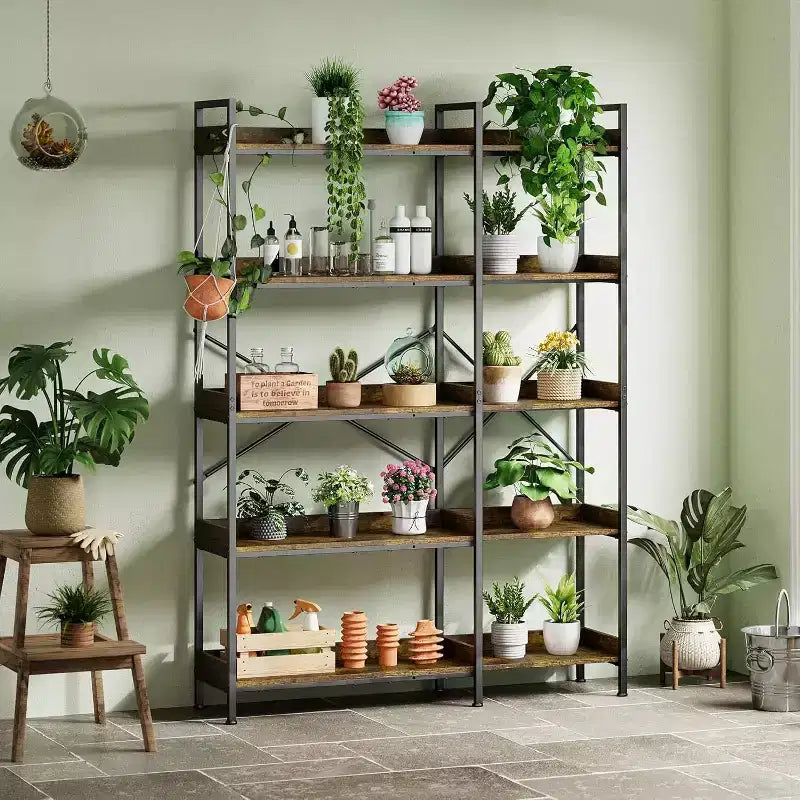 5 Tier Corner Bookshelf with 4 Hooks, Wooden Bookcase with Open Storage Shelves and Metal Frame, Freestanding Storage Organizer for Home Office