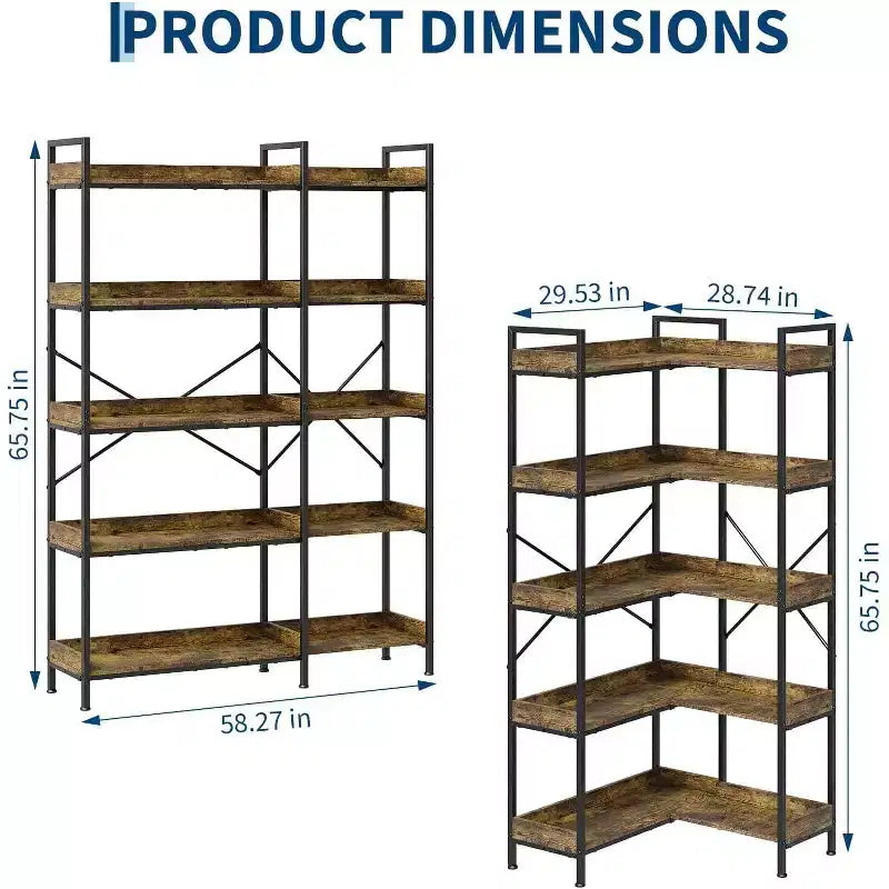 5 Tier Corner Bookshelf with 4 Hooks, Wooden Bookcase with Open Storage Shelves and Metal Frame, Freestanding Storage Organizer for Home Office