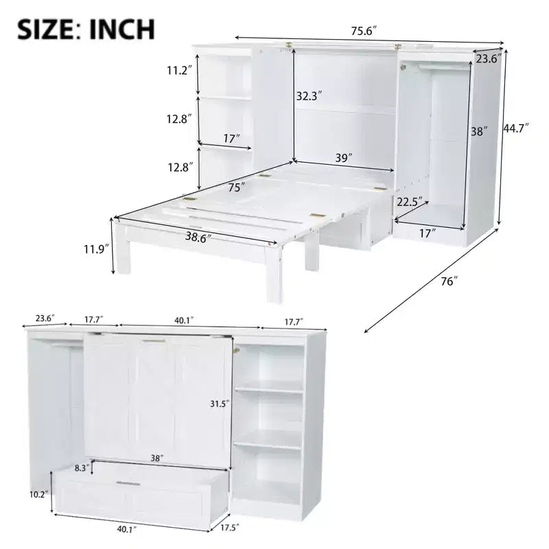 Clihome Twin Size Murphy Bed with Bedside Shelves and Wardrobe