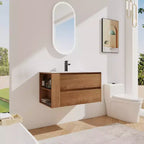 Meuble-lavabo flottant avec évier en céramique blanche, meuble-lavabo mural avec 2 tiroirs à fermeture douce et étagère de rangement ouverte