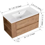 Meuble-lavabo flottant avec évier en céramique blanche, meuble-lavabo mural avec 2 tiroirs à fermeture douce et étagère de rangement ouverte